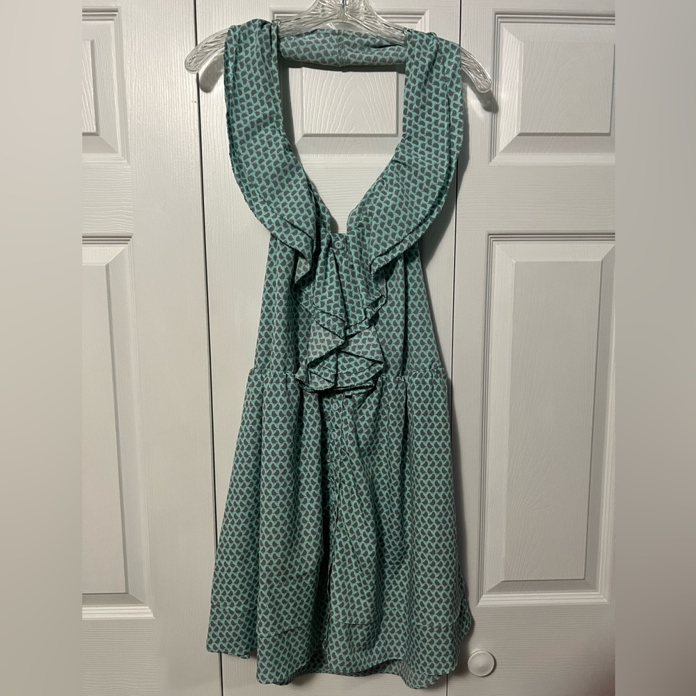 Teal halter dress with bird print